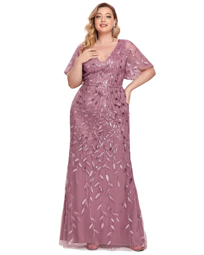 Front of a model wearing a size 16 Shiny V Neck Leaf-Sequined Bodycon Formal Evening Dresses in Purple Orchid by Ever-Pretty. | dia_product_style_image_id:283776